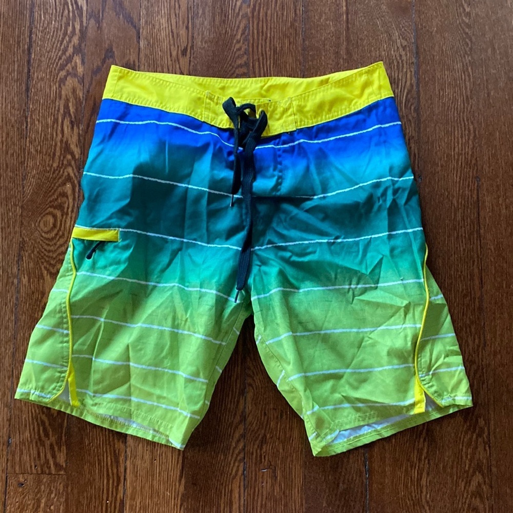 Wave Zone Ombre Swim Shorts Blue Green Yellow Stripe Board Shorts SIZE 30
